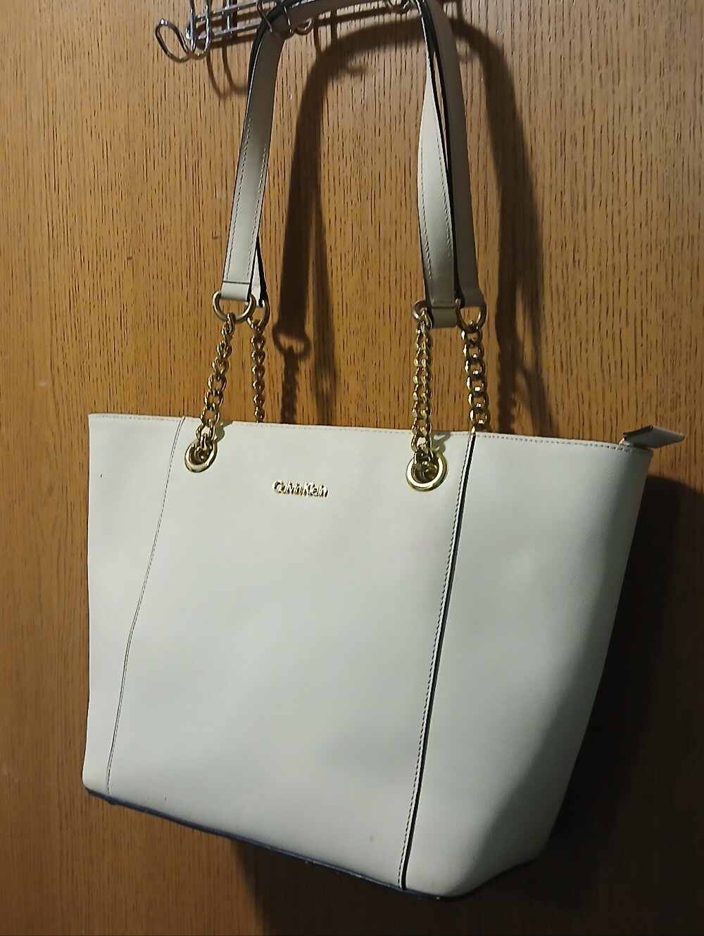Calvin Klein Saffiano Faux Leather Chain Tote Bag - Off White/Cream